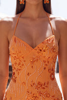 Laden Sie das Bild in den Galerie-Viewer, Aprikosen Bodycon Spaghetti-Träger Perlen Kurzes Abendkleid mit Pailletten