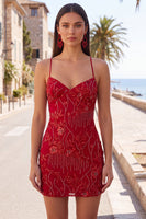 Laden Sie das Bild in den Galerie-Viewer, Aprikosen Bodycon Spaghetti-Träger Perlen Kurzes Abendkleid mit Pailletten