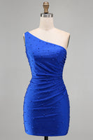 Laden Sie das Bild in den Galerie-Viewer, Königsblaues Einschulter Bodycon Kurzes Abendkleid mit Perlen