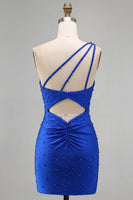 Laden Sie das Bild in den Galerie-Viewer, Königsblaues Einschulter Bodycon Kurzes Abendkleid mit Perlen