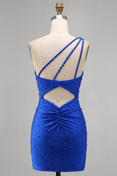 Königsblaues Einschulter Bodycon Kurzes Abendkleid mit Perlen