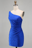 Laden Sie das Bild in den Galerie-Viewer, Königsblaues Einschulter Bodycon Kurzes Abendkleid mit Perlen