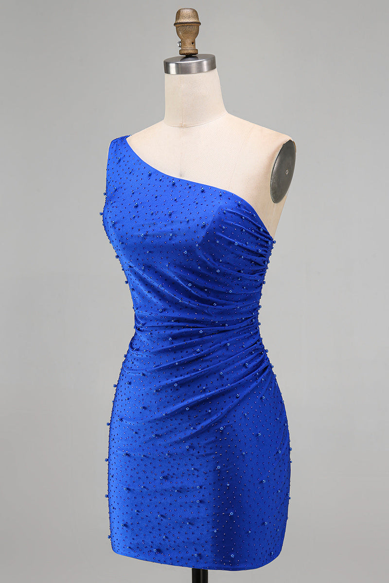 Laden Sie das Bild in den Galerie-Viewer, Königsblaues Einschulter Bodycon Kurzes Abendkleid mit Perlen