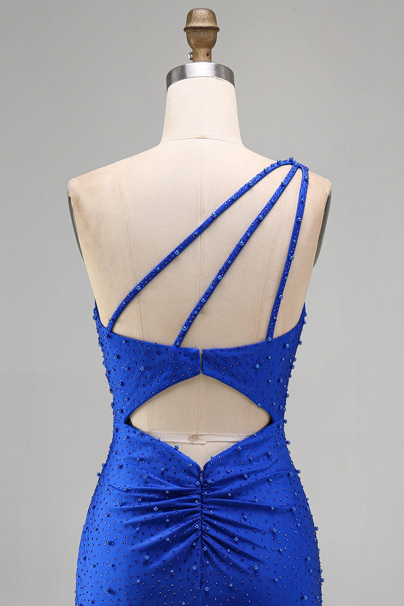 Laden Sie das Bild in den Galerie-Viewer, Königsblaues Einschulter Bodycon Kurzes Abendkleid mit Perlen