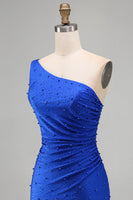 Laden Sie das Bild in den Galerie-Viewer, Königsblaues Einschulter Bodycon Kurzes Abendkleid mit Perlen