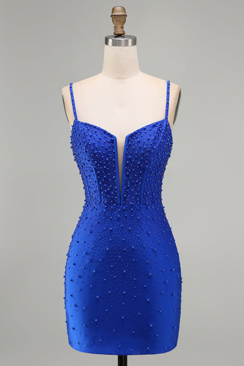 Laden Sie das Bild in den Galerie-Viewer, Königsblaues Korsett Bodycon Kurzes Abendkleid mit Perlen