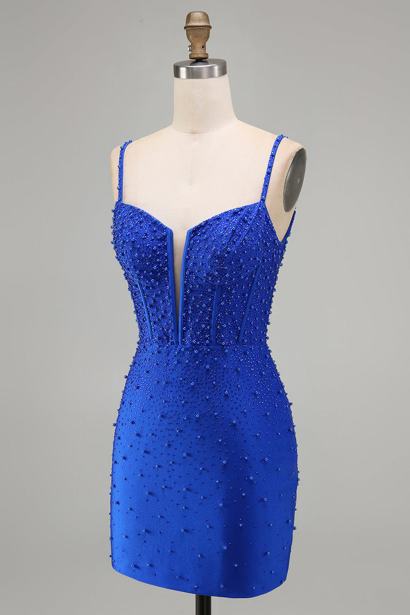 Laden Sie das Bild in den Galerie-Viewer, Königsblaues Korsett Bodycon Kurzes Abendkleid mit Perlen