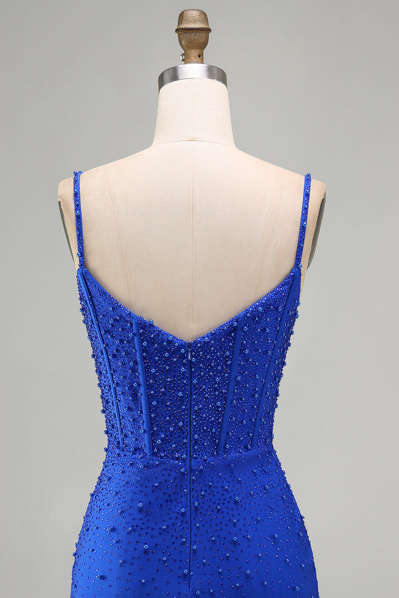 Laden Sie das Bild in den Galerie-Viewer, Königsblaues Korsett Bodycon Kurzes Abendkleid mit Perlen