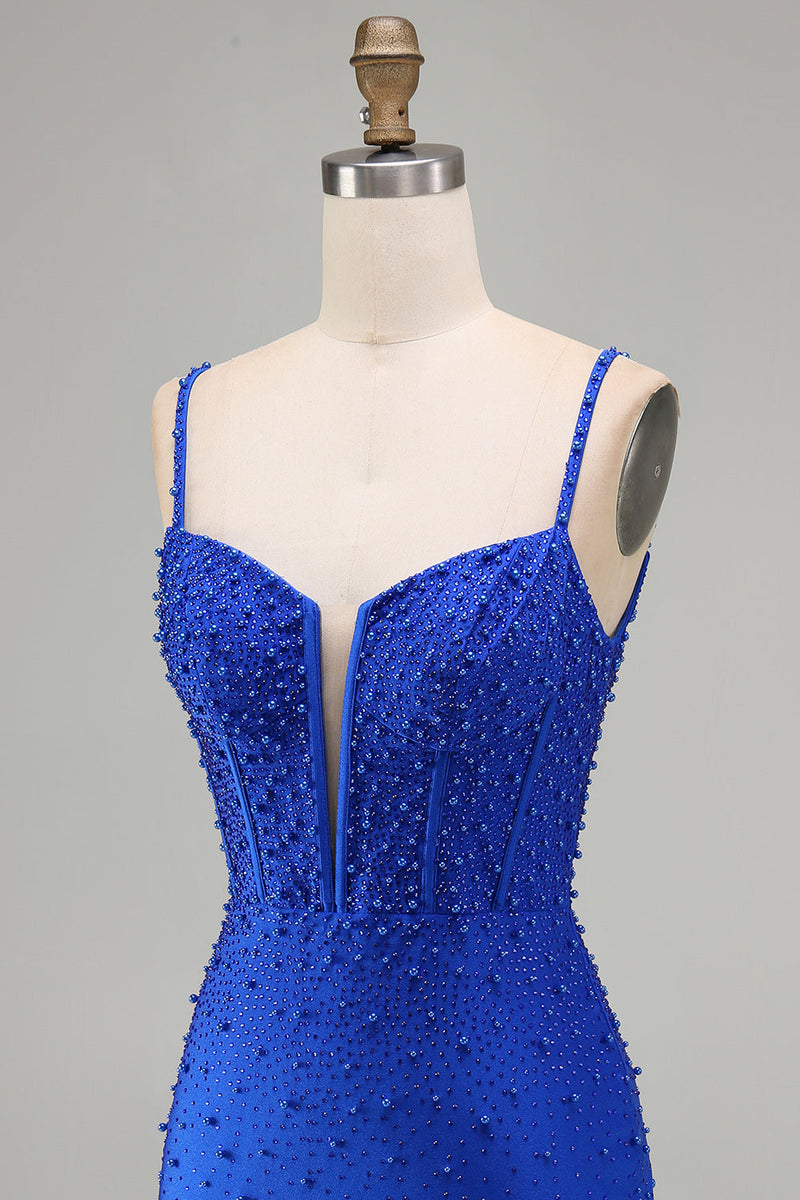 Laden Sie das Bild in den Galerie-Viewer, Königsblaues Korsett Bodycon Kurzes Abendkleid mit Perlen