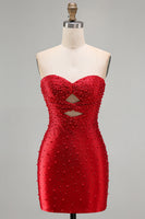 Laden Sie das Bild in den Galerie-Viewer, Glitzerndes Rotes Bodycon Trägerloses Kurzes Abendkleid mit Perlen