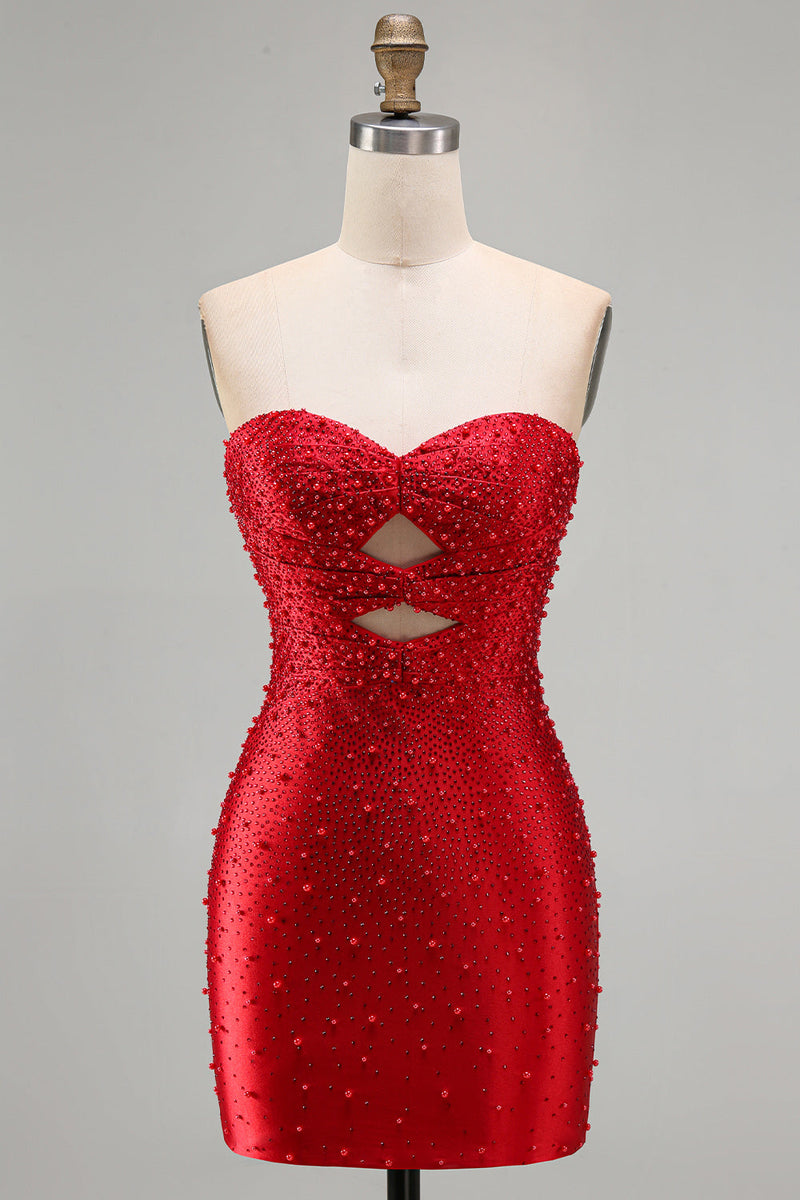 Laden Sie das Bild in den Galerie-Viewer, Glitzerndes Rotes Bodycon Trägerloses Kurzes Abendkleid mit Perlen