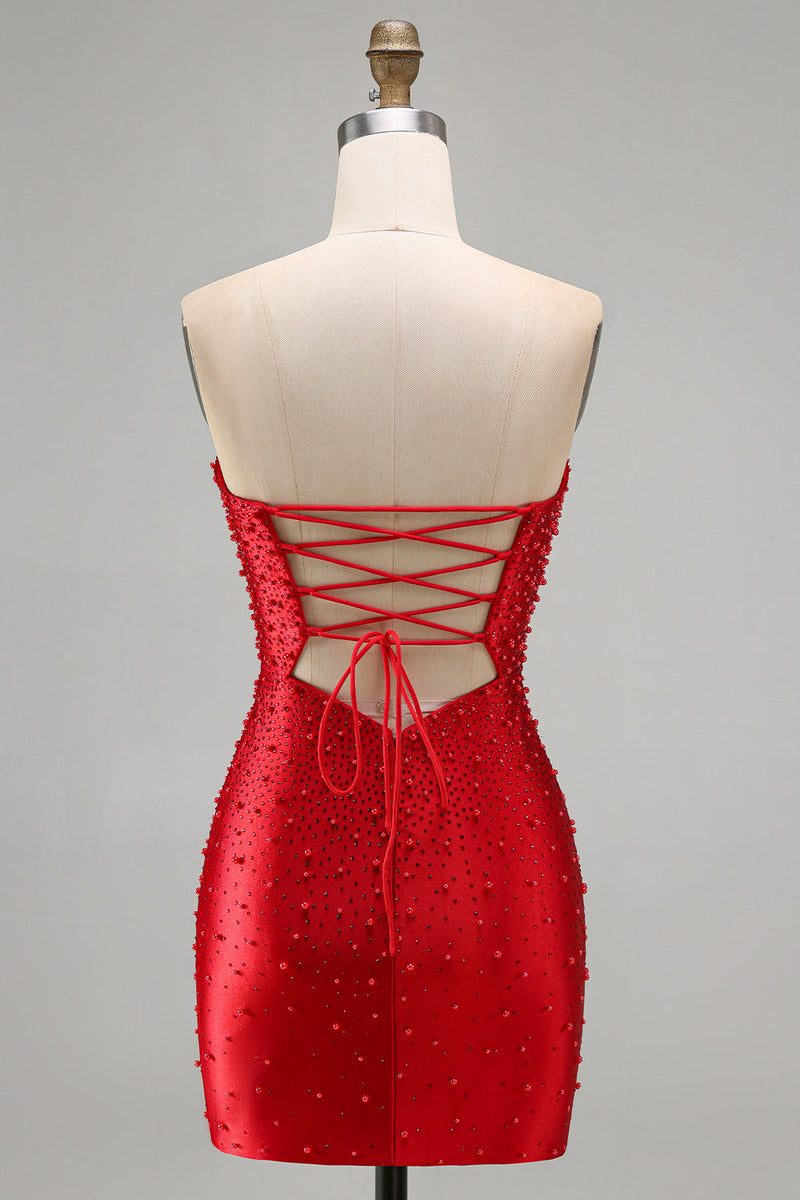 Laden Sie das Bild in den Galerie-Viewer, Glitzerndes Rotes Bodycon Trägerloses Kurzes Abendkleid mit Perlen