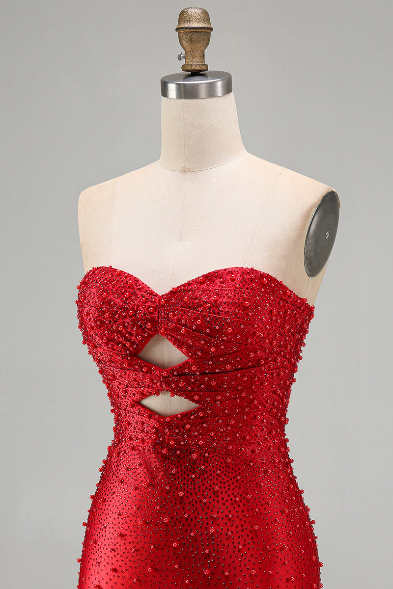 Laden Sie das Bild in den Galerie-Viewer, Glitzerndes Rotes Bodycon Trägerloses Kurzes Abendkleid mit Perlen