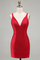 Laden Sie das Bild in den Galerie-Viewer, Glitzerndes Rotes Bodycon V-Ausschnitt Perlenbesetztes Kurzes Abendkleid