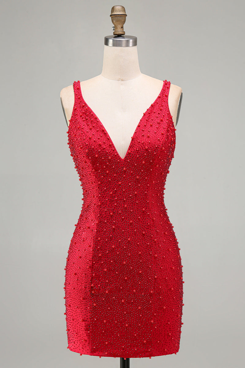 Laden Sie das Bild in den Galerie-Viewer, Glitzerndes Rotes Bodycon V-Ausschnitt Perlenbesetztes Kurzes Abendkleid