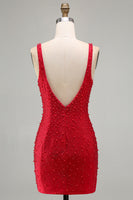 Laden Sie das Bild in den Galerie-Viewer, Glitzerndes Rotes Bodycon V-Ausschnitt Perlenbesetztes Kurzes Abendkleid