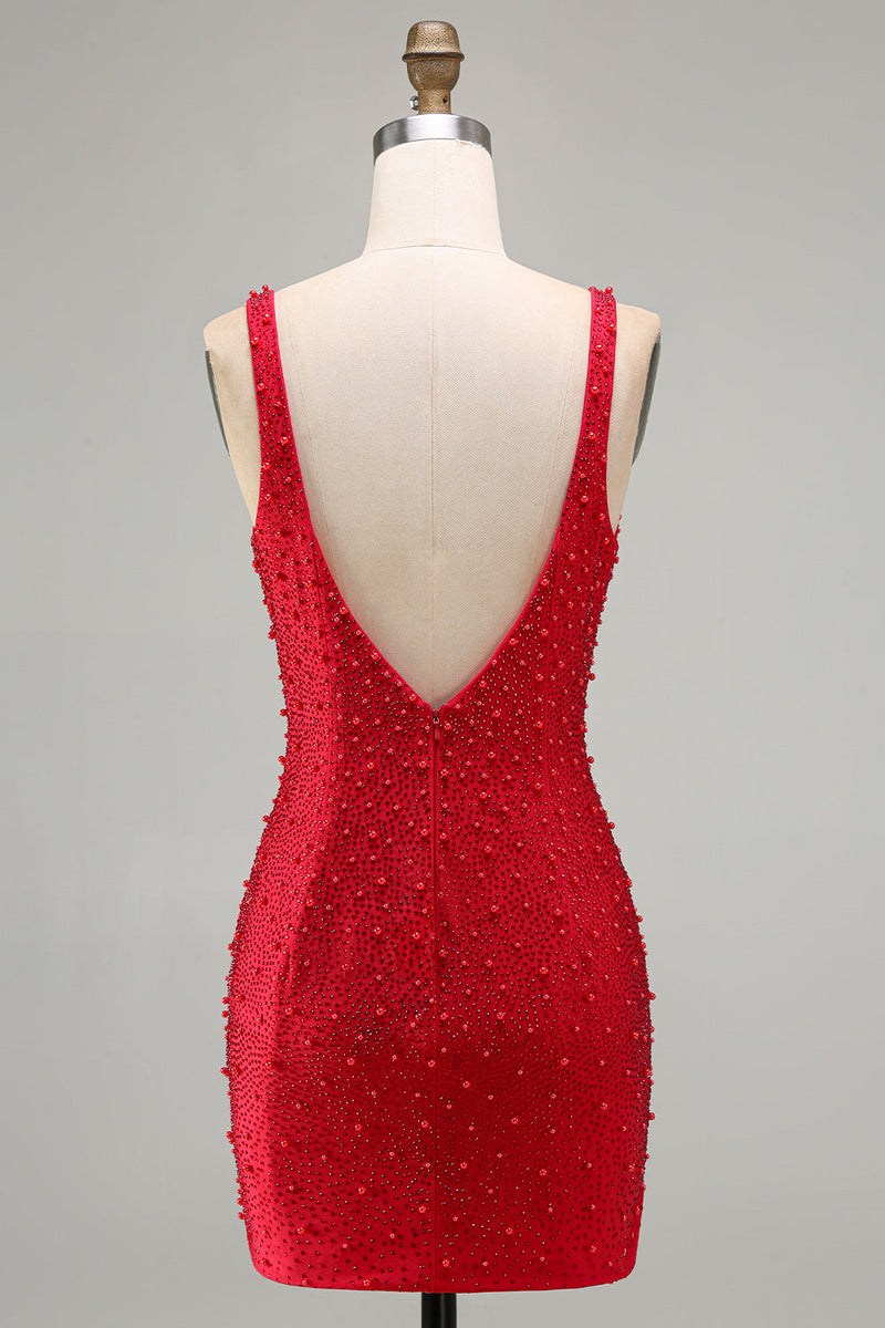 Laden Sie das Bild in den Galerie-Viewer, Glitzerndes Rotes Bodycon V-Ausschnitt Perlenbesetztes Kurzes Abendkleid