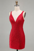Laden Sie das Bild in den Galerie-Viewer, Glitzerndes Rotes Bodycon V-Ausschnitt Perlenbesetztes Kurzes Abendkleid