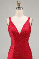 Laden Sie das Bild in den Galerie-Viewer, Glitzerndes Rotes Bodycon V-Ausschnitt Perlenbesetztes Kurzes Abendkleid