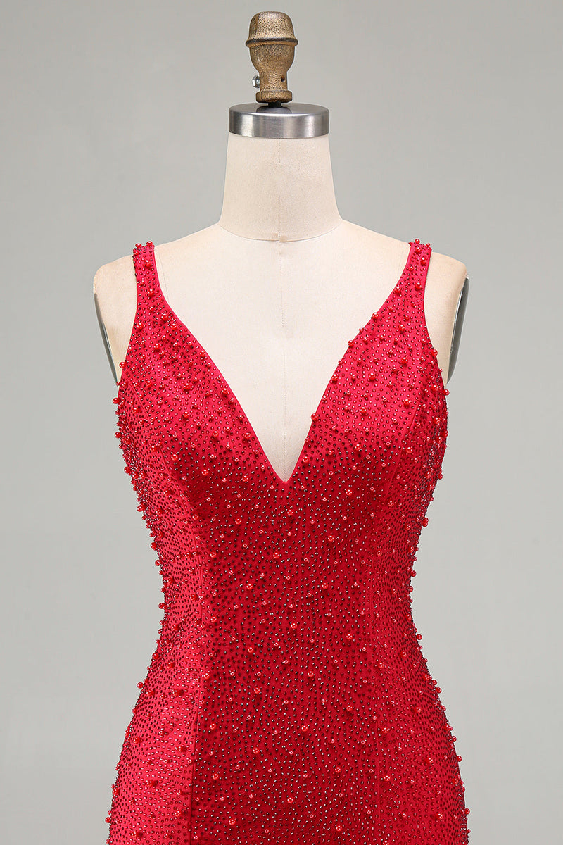 Laden Sie das Bild in den Galerie-Viewer, Glitzerndes Rotes Bodycon V-Ausschnitt Perlenbesetztes Kurzes Abendkleid