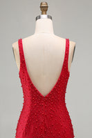 Laden Sie das Bild in den Galerie-Viewer, Glitzerndes Rotes Bodycon V-Ausschnitt Perlenbesetztes Kurzes Abendkleid