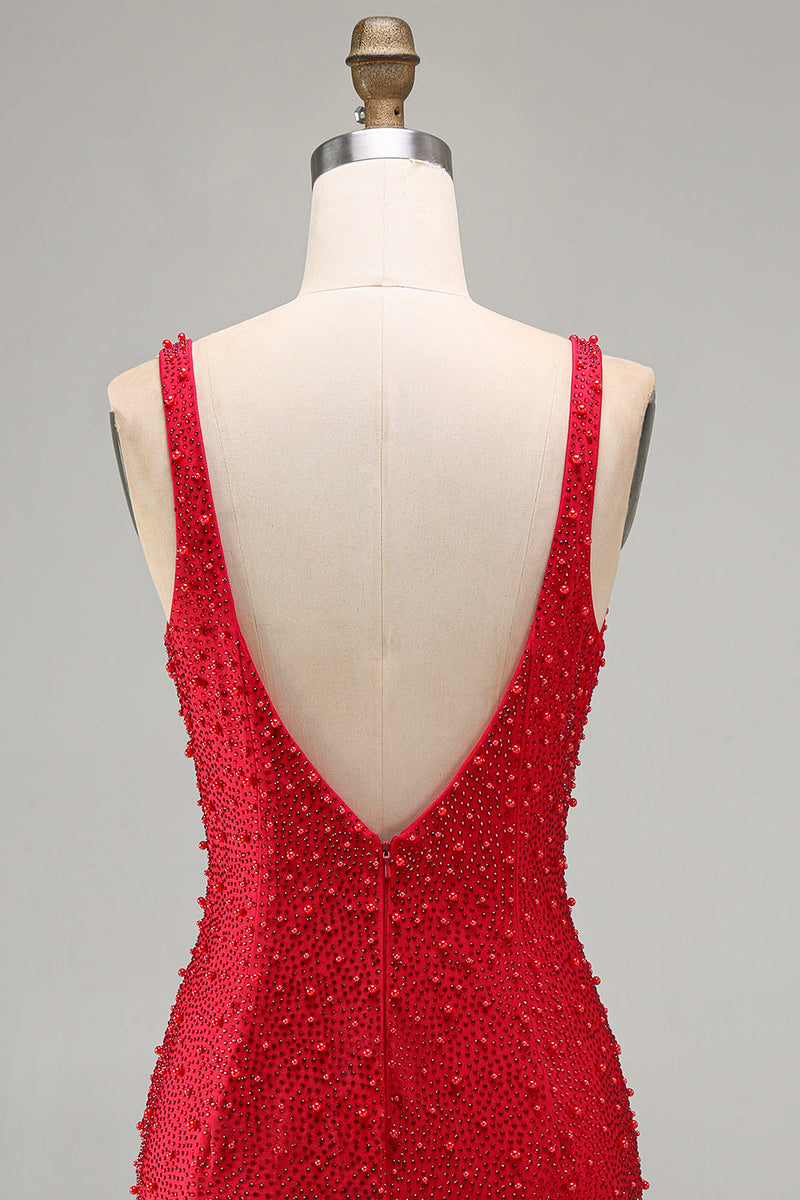 Laden Sie das Bild in den Galerie-Viewer, Glitzerndes Rotes Bodycon V-Ausschnitt Perlenbesetztes Kurzes Abendkleid