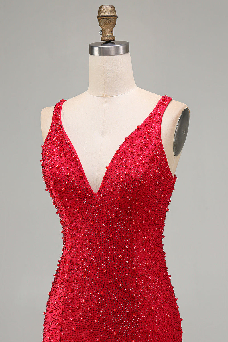 Laden Sie das Bild in den Galerie-Viewer, Glitzerndes Rotes Bodycon V-Ausschnitt Perlenbesetztes Kurzes Abendkleid