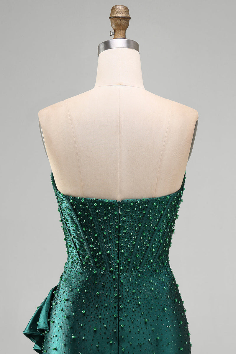 Laden Sie das Bild in den Galerie-Viewer, Dunkelgrünes Bodycon Korsett Perlenbesetztes Asymmetrisch Rüschen Kurzes Abendkleid