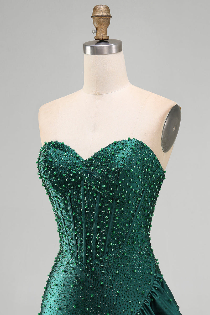 Laden Sie das Bild in den Galerie-Viewer, Dunkelgrünes Bodycon Korsett Perlenbesetztes Asymmetrisch Rüschen Kurzes Abendkleid