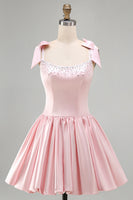 Laden Sie das Bild in den Galerie-Viewer, Rosa A-Linie Satin Korsett Perlenbesetztes Kurzes Abendkleid mit Ärmel und Schleifen