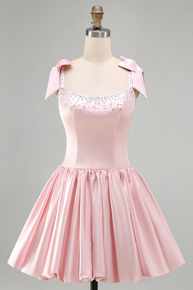 Laden Sie das Bild in den Galerie-Viewer, Rosa A-Linie Satin Korsett Perlenbesetztes Kurzes Abendkleid mit Ärmel und Schleifen