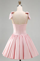Laden Sie das Bild in den Galerie-Viewer, Rosa A-Linie Satin Korsett Perlenbesetztes Kurzes Abendkleid mit Ärmel und Schleifen