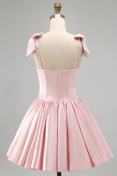 Rosa A-Linie Satin Korsett Perlenbesetztes Kurzes Abendkleid mit Ärmel und Schleifen