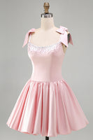 Laden Sie das Bild in den Galerie-Viewer, Rosa A-Linie Satin Korsett Perlenbesetztes Kurzes Abendkleid mit Ärmel und Schleifen