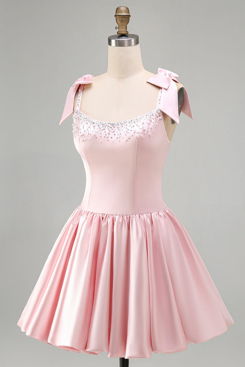 Laden Sie das Bild in den Galerie-Viewer, Rosa A-Linie Satin Korsett Perlenbesetztes Kurzes Abendkleid mit Ärmel und Schleifen