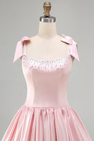 Laden Sie das Bild in den Galerie-Viewer, Rosa A-Linie Satin Korsett Perlenbesetztes Kurzes Abendkleid mit Ärmel und Schleifen