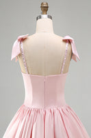 Laden Sie das Bild in den Galerie-Viewer, Rosa A-Linie Satin Korsett Perlenbesetztes Kurzes Abendkleid mit Ärmel und Schleifen