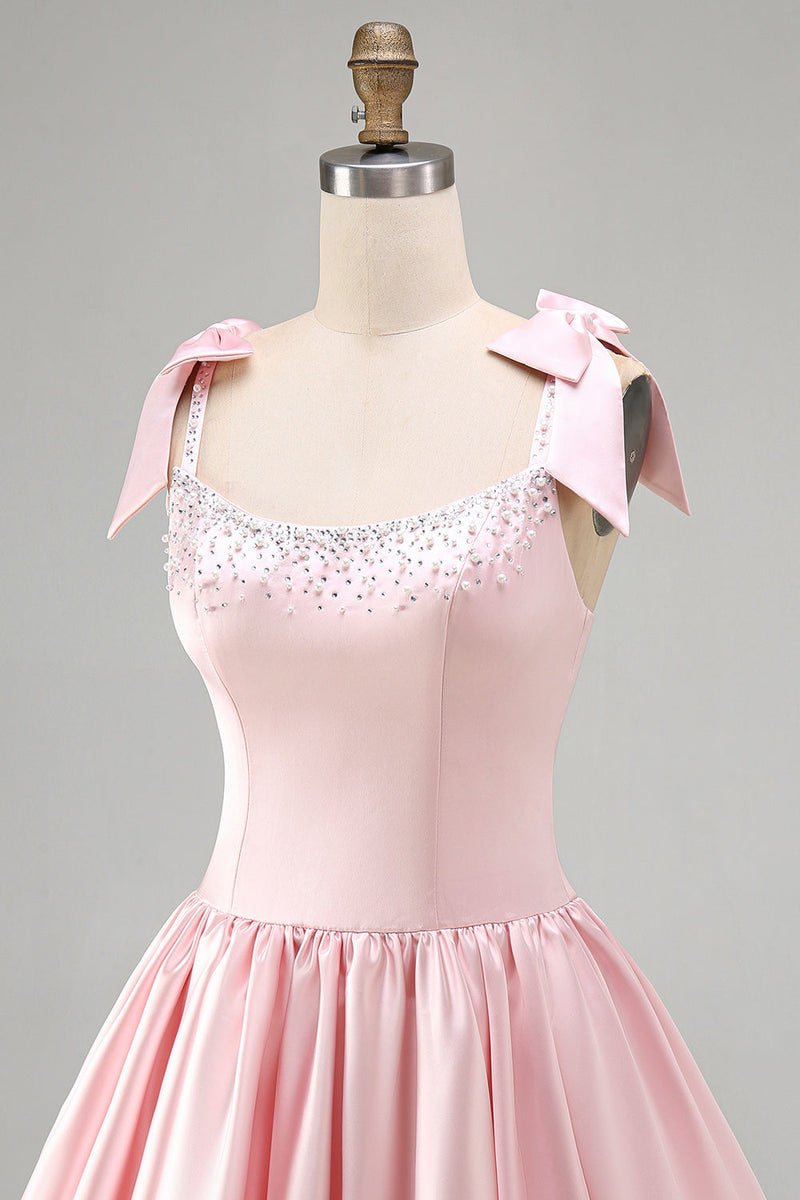 Laden Sie das Bild in den Galerie-Viewer, Rosa A-Linie Satin Korsett Perlenbesetztes Kurzes Abendkleid mit Ärmel und Schleifen
