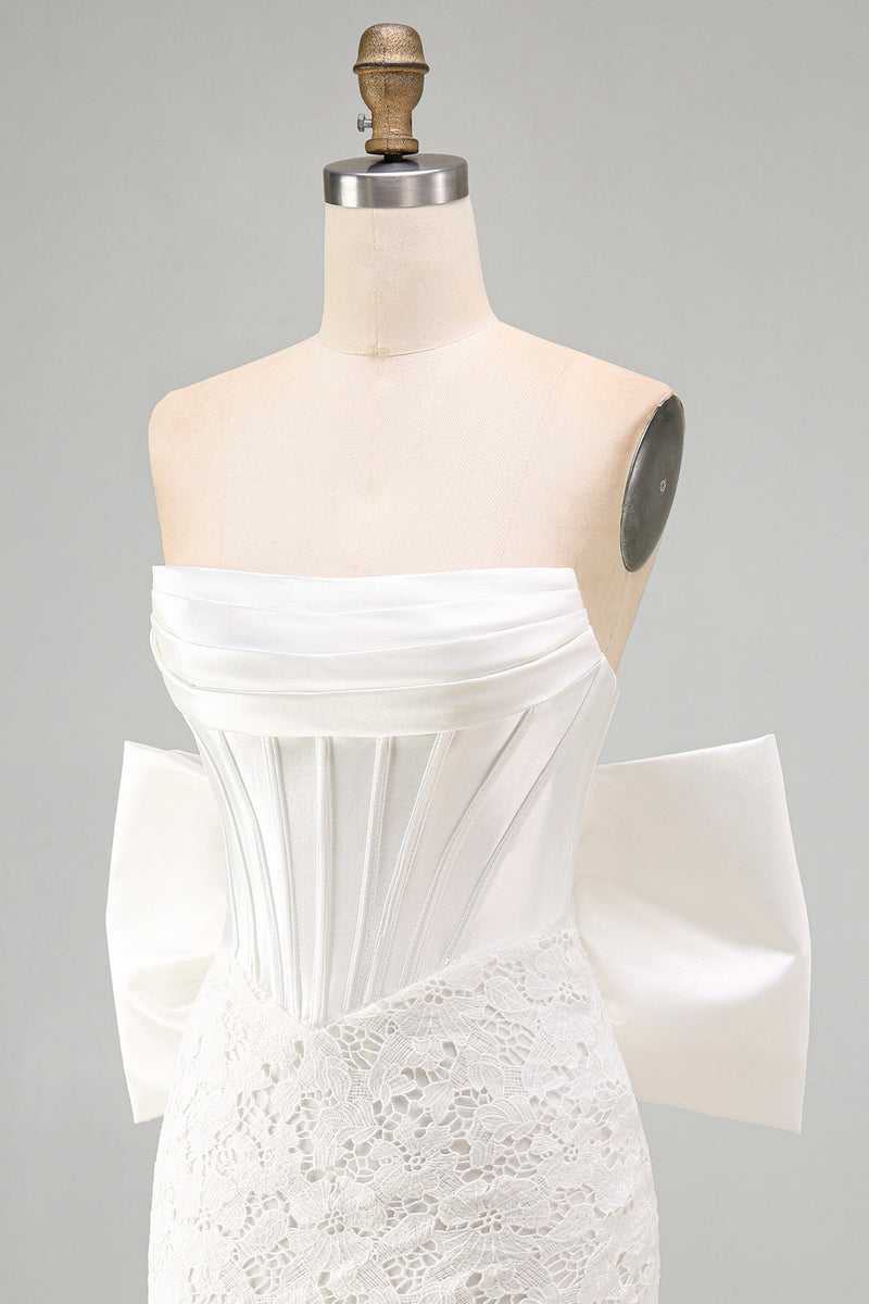 Laden Sie das Bild in den Galerie-Viewer, Weißes Korsett Spitzen Bodycon Trägerloses Kurzes Abendkleid mit großer Schleife