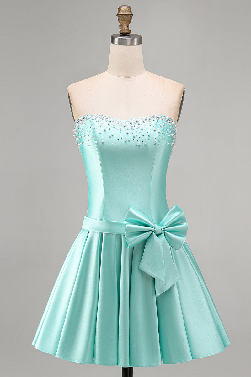 Laden Sie das Bild in den Galerie-Viewer, Mint Satin Perlen Trägerloses Kurzes Abendkleid mit Schleife