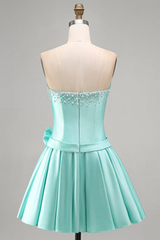 Mint Satin Perlen Trägerloses Kurzes Abendkleid mit Schleife
