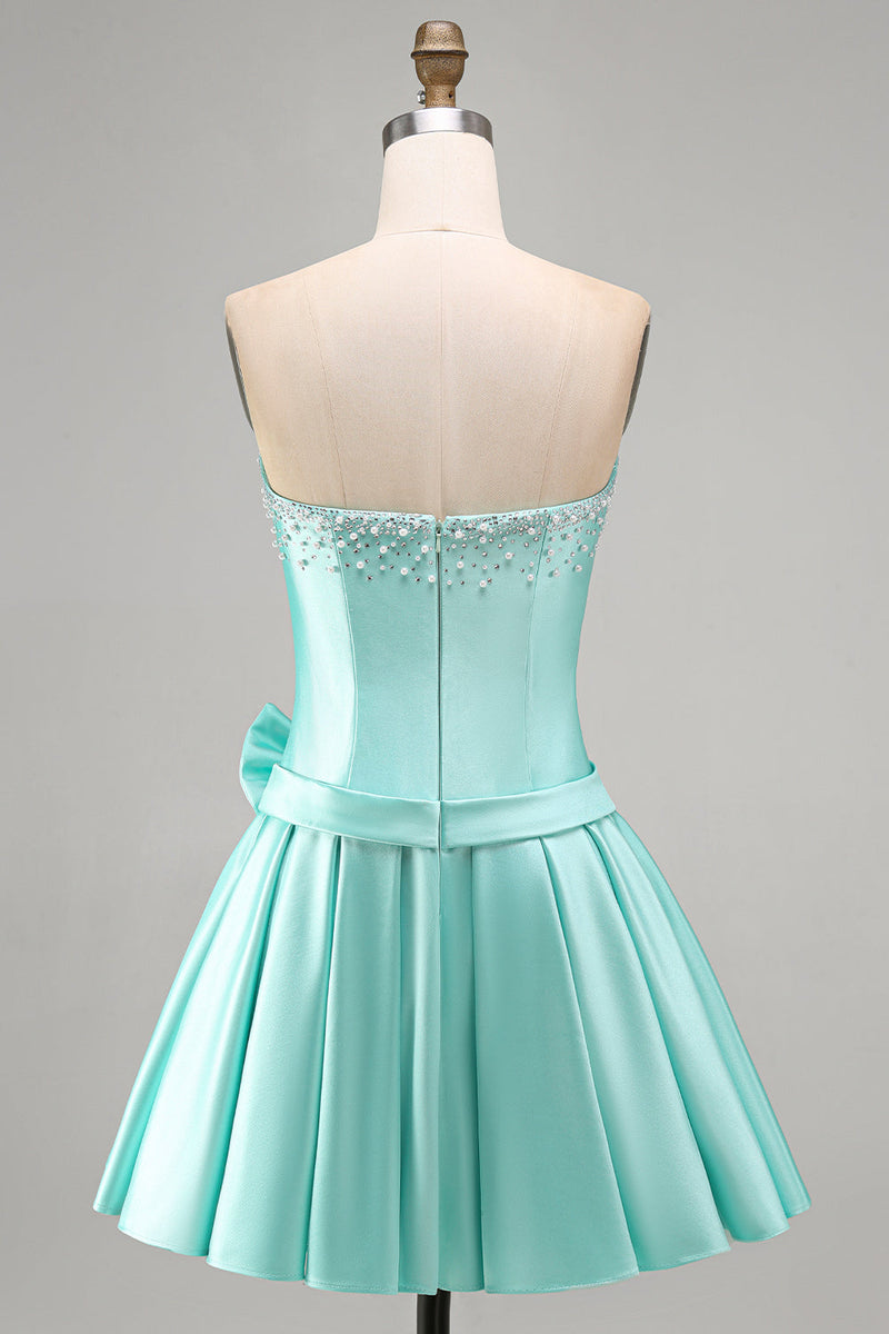 Laden Sie das Bild in den Galerie-Viewer, Mint Satin Perlen Trägerloses Kurzes Abendkleid mit Schleife