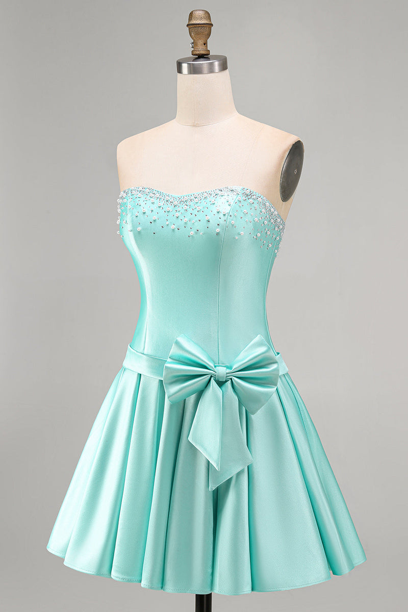 Laden Sie das Bild in den Galerie-Viewer, Mint Satin Perlen Trägerloses Kurzes Abendkleid mit Schleife