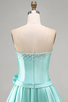 Laden Sie das Bild in den Galerie-Viewer, Mint Satin Perlen Trägerloses Kurzes Abendkleid mit Schleife