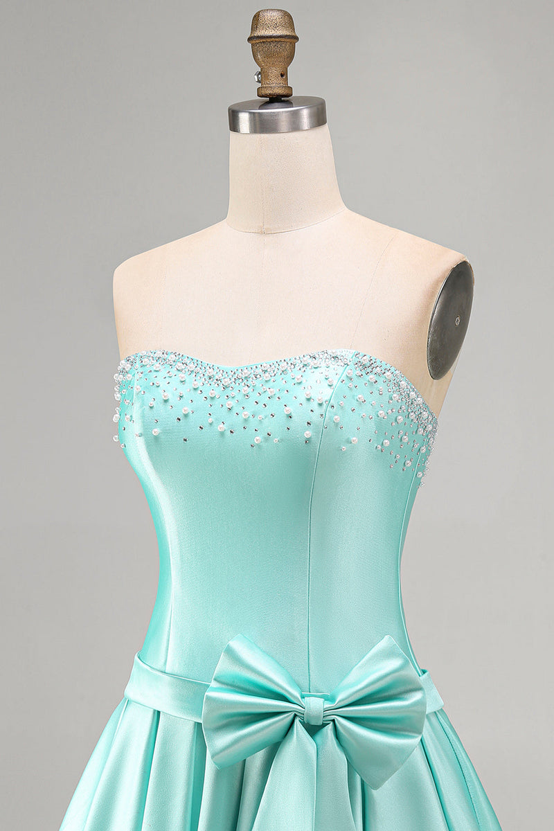 Laden Sie das Bild in den Galerie-Viewer, Mint Satin Perlen Trägerloses Kurzes Abendkleid mit Schleife