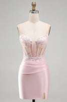 Laden Sie das Bild in den Galerie-Viewer, Rosa Bodycon Transparentes Korsett Satin Kurzes Abendkleid mit Applikationen