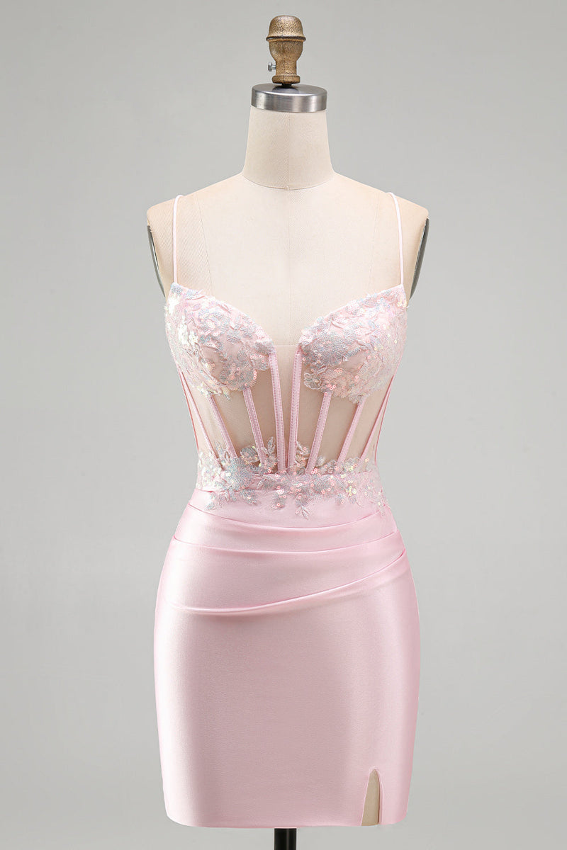 Laden Sie das Bild in den Galerie-Viewer, Rosa Bodycon Transparentes Korsett Satin Kurzes Abendkleid mit Applikationen