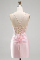 Laden Sie das Bild in den Galerie-Viewer, Rosa Bodycon Transparentes Korsett Satin Kurzes Abendkleid mit Applikationen