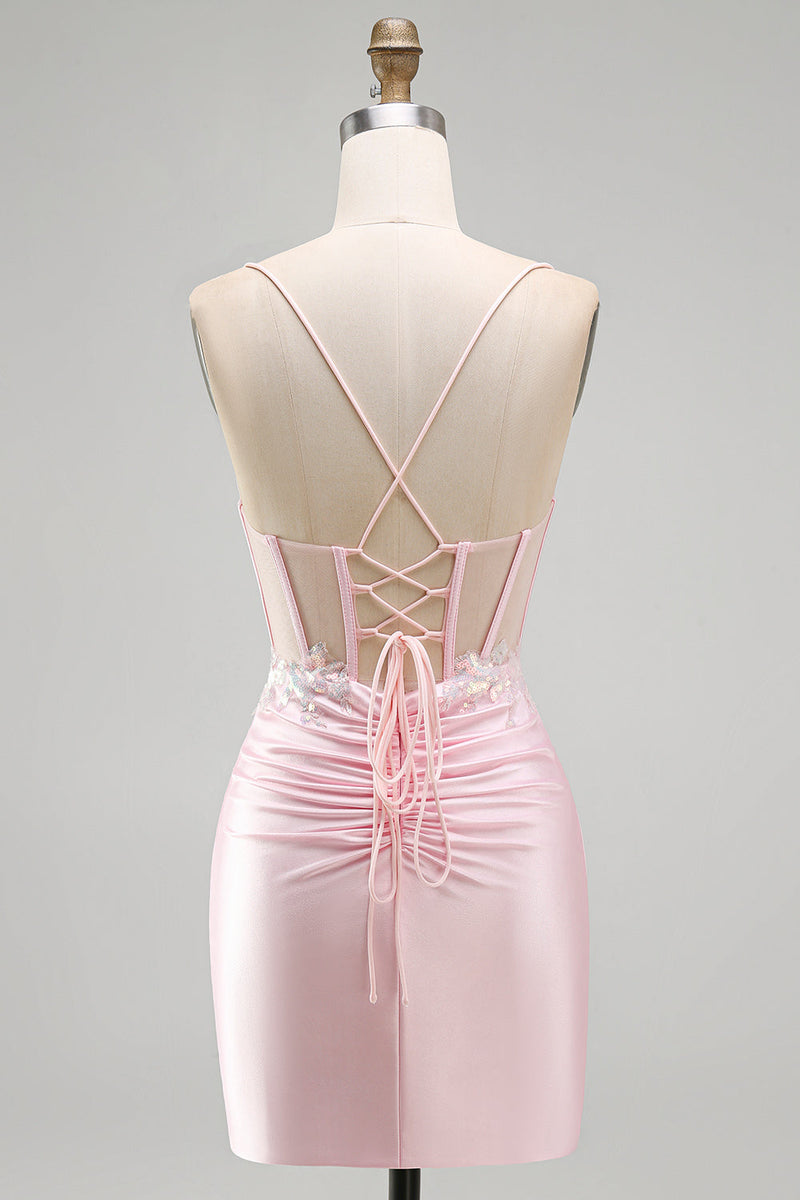 Laden Sie das Bild in den Galerie-Viewer, Rosa Bodycon Transparentes Korsett Satin Kurzes Abendkleid mit Applikationen