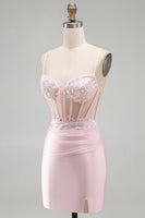Laden Sie das Bild in den Galerie-Viewer, Rosa Bodycon Transparentes Korsett Satin Kurzes Abendkleid mit Applikationen